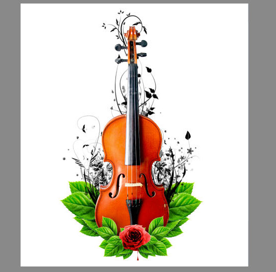 Создаем в фотошопе композицию со скрипкой, листьями и плачущей розой