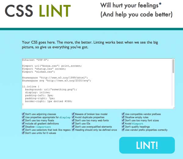 Перейти на CSS Lint