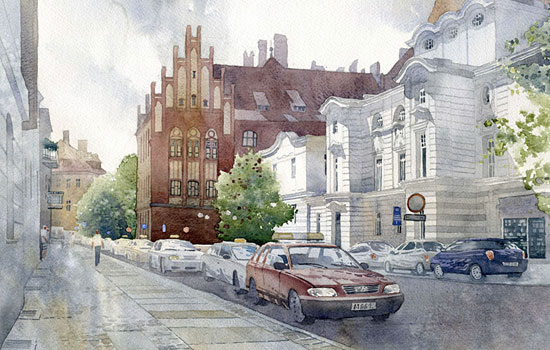 Городские улицы и дома в акварели польского художника Grzegorz Wrobel
