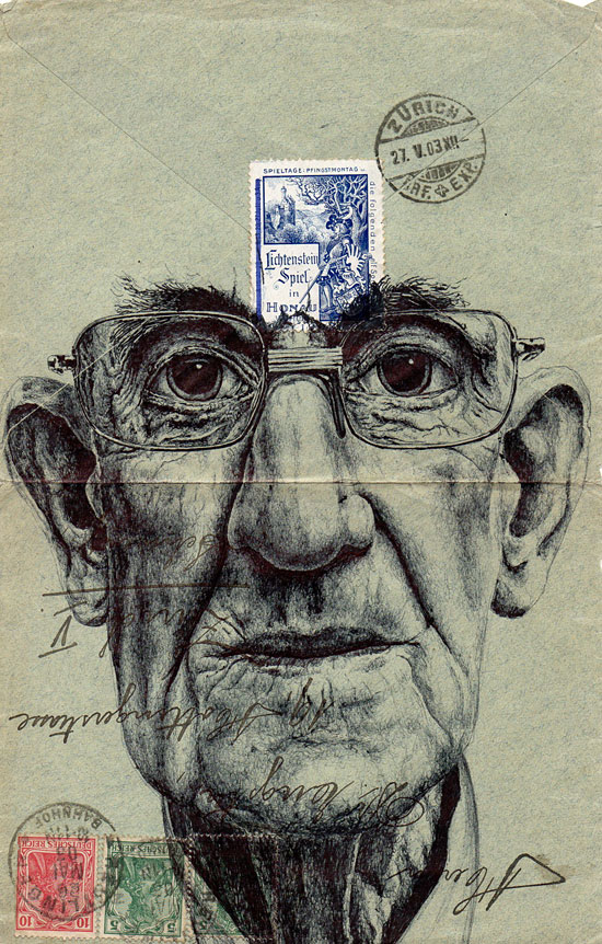Морщины как линии жизни на почтовых марках от художника Mark Powell